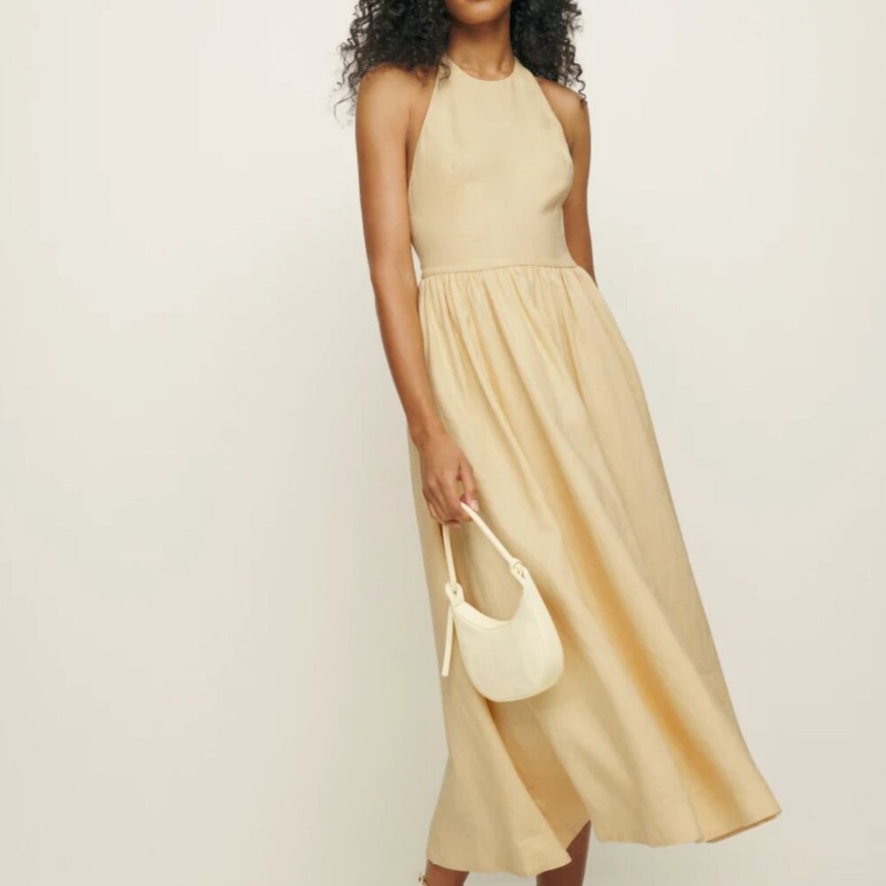 NWOT Reformation Percy Halter Linen Midi Dress Sz2 Parmesan